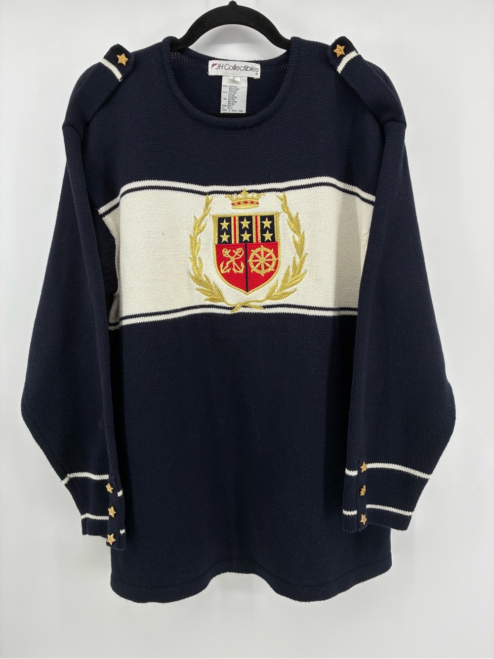 JH Collectibles Navy and White Crewneck Sweater with Embroidered Crest
